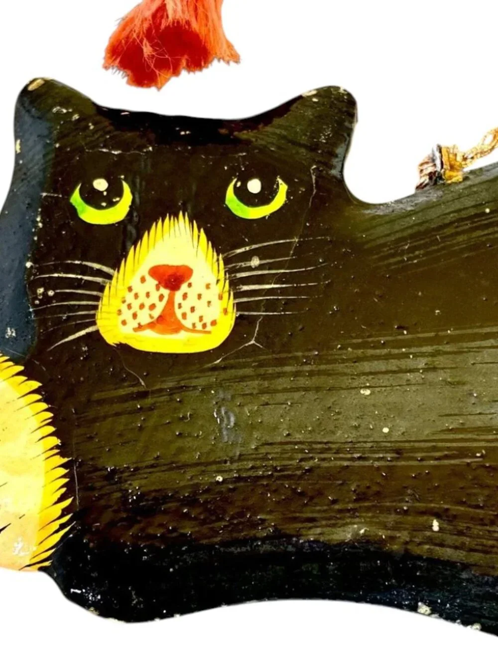 Vintage Wood Black Cat Christmas Hanging Ornament Hand Painted DOUBLE SIDED